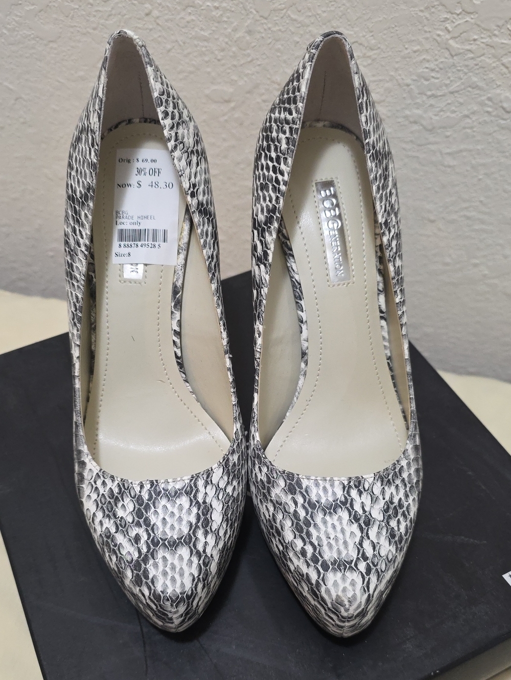 BCBGMaxAzria Black & White Snake-Print Pointed Toe Pumps